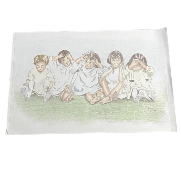 5 Little Girls Brown Hair Colored Pencil on Paper Drawing Elizabeth Dowdy 1994 P - Picture 1 of 7